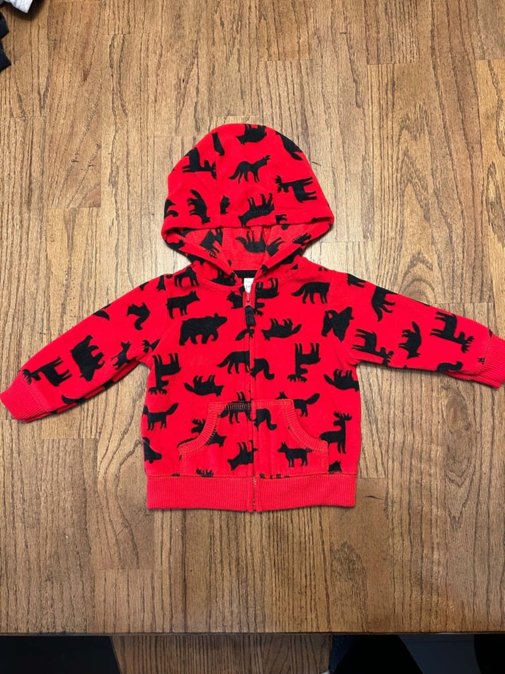 Carter's Red Hooded Fleece Zip Sweatshirt with Black Animal Prints Size 6 Month